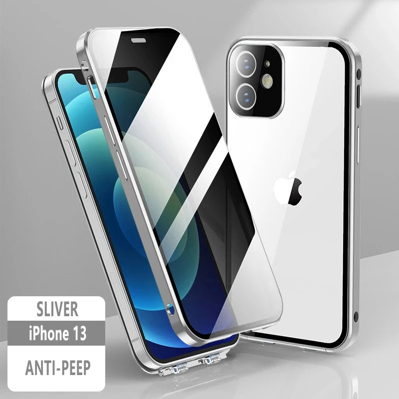360°Full Protection Metal Magnetic Double-Sided Glass Snap Lock Anti Peeping Phone Case For iPhone 15 14 13 12 16 Pro Max Cover