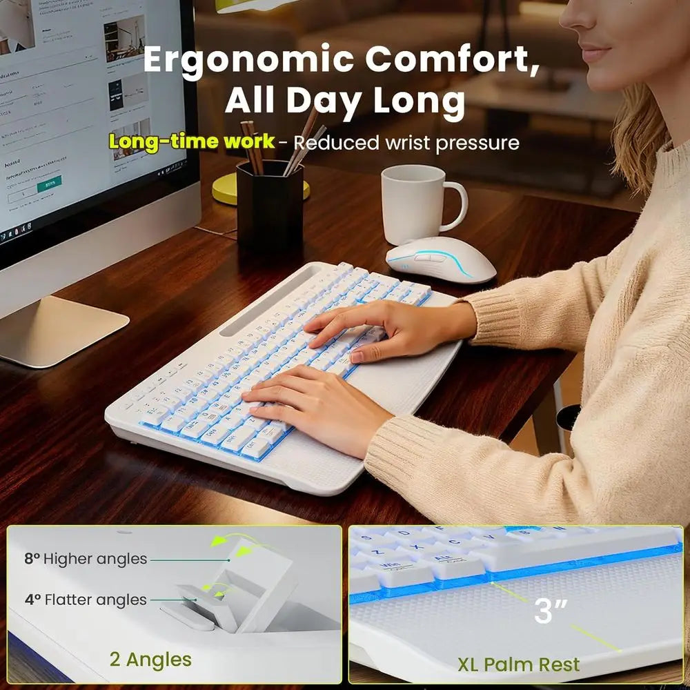 Wireless Ergonomic Backlit Keyboard and Mouse Set, 4000mAh Rechargeable, USB, Wrist Rest & Pen Holder, Quiet Typing, Windows Com