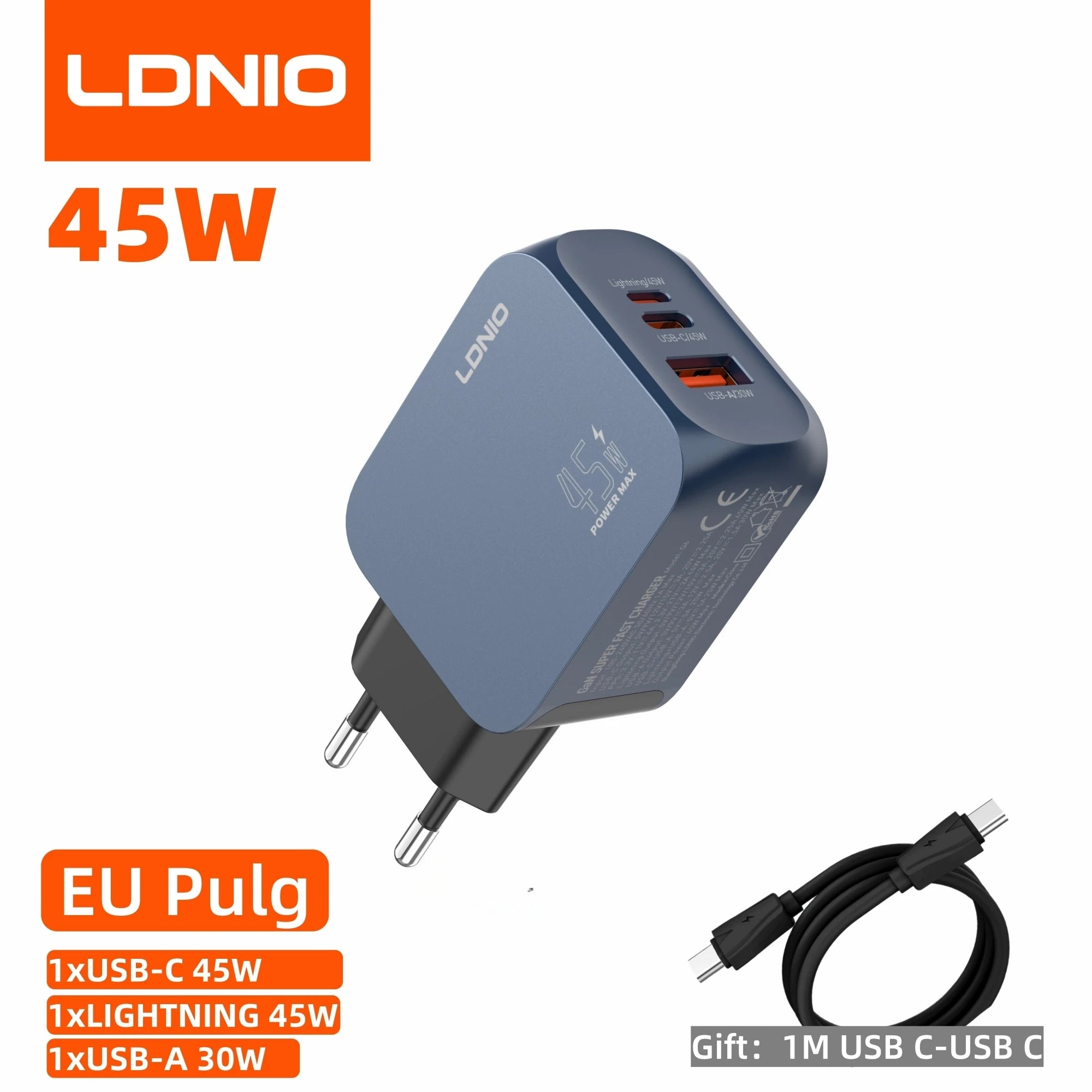 LDNIO Gan 45W Fast Charge Type-C Charger Compatible with 40W iPhone 17 pro Max Air Xiaomi Samsung Ultra - Fast Charging Adapter