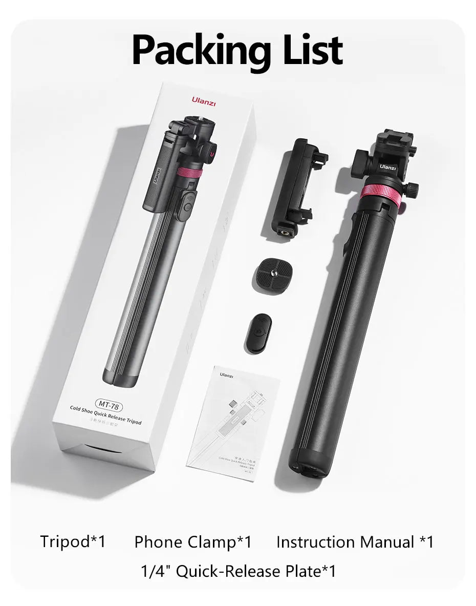 Ulanzi MT-78 1.85M Quick Release Tripod with Remote Phone Holder Cold Shoe Mount 1/4'' for Phone Camera Video Light Flash Mic