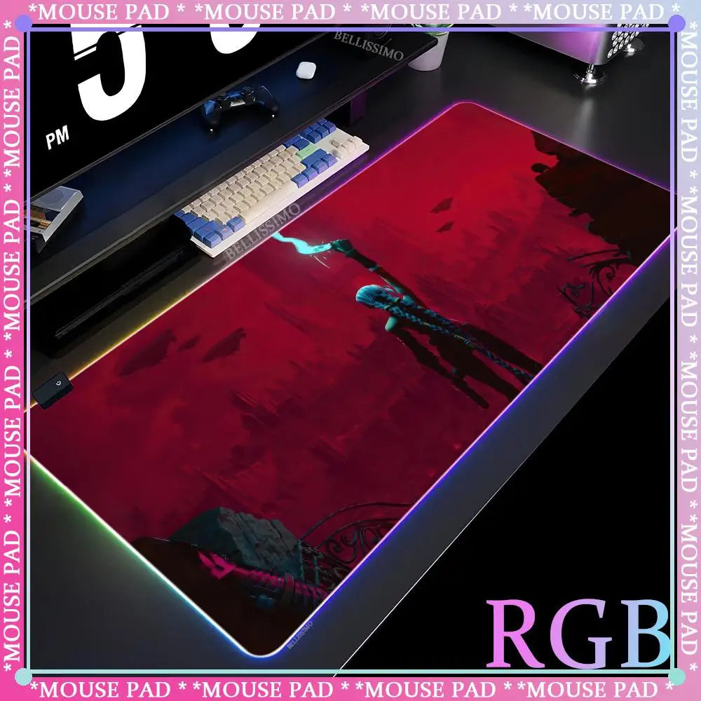 RGB League of Legends MousePad Gamer Jinx Anime Girl LED Game Accessories Keyboard Pad Large Desk mats Rubber Luminous Mouse Pad