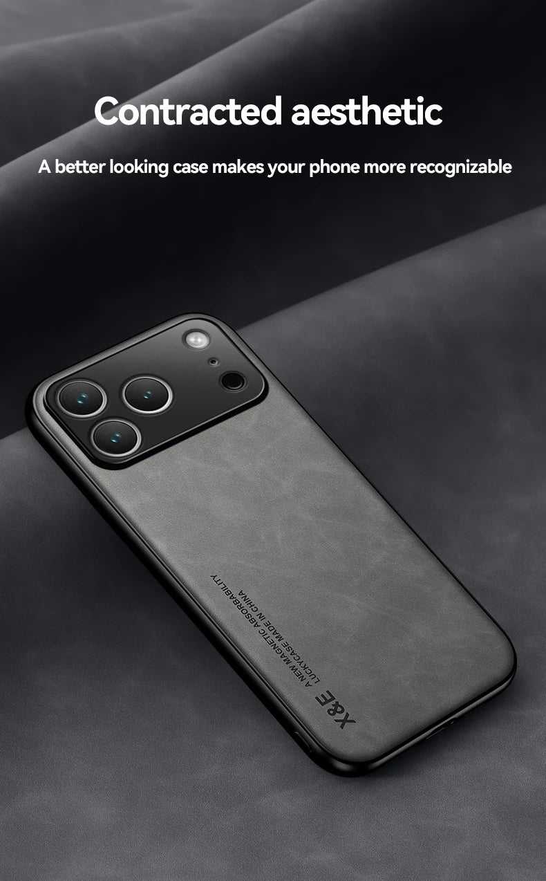 Luxury Leather Case For iPhone 17 16 15 14 13 12 11 Pro Max Plus 13 12 Mini 17 Air 16E Cover With Metal Plate Support Car Hold