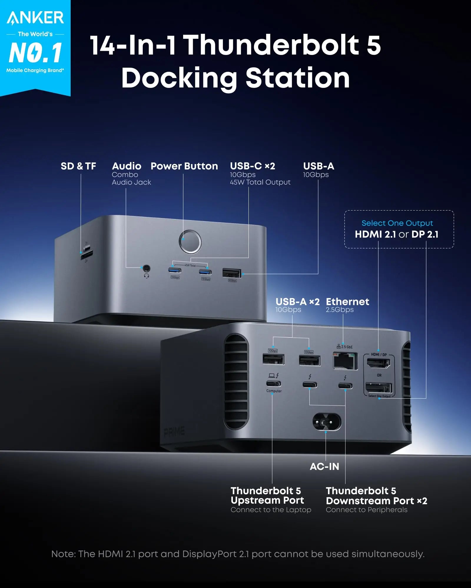 Anker Prime TB5 Docking Station, 14 Ports 140W Charging, 120Gbps Max Transfer, Up To 8K Display For Thunderbolt 5/4 Laptops
