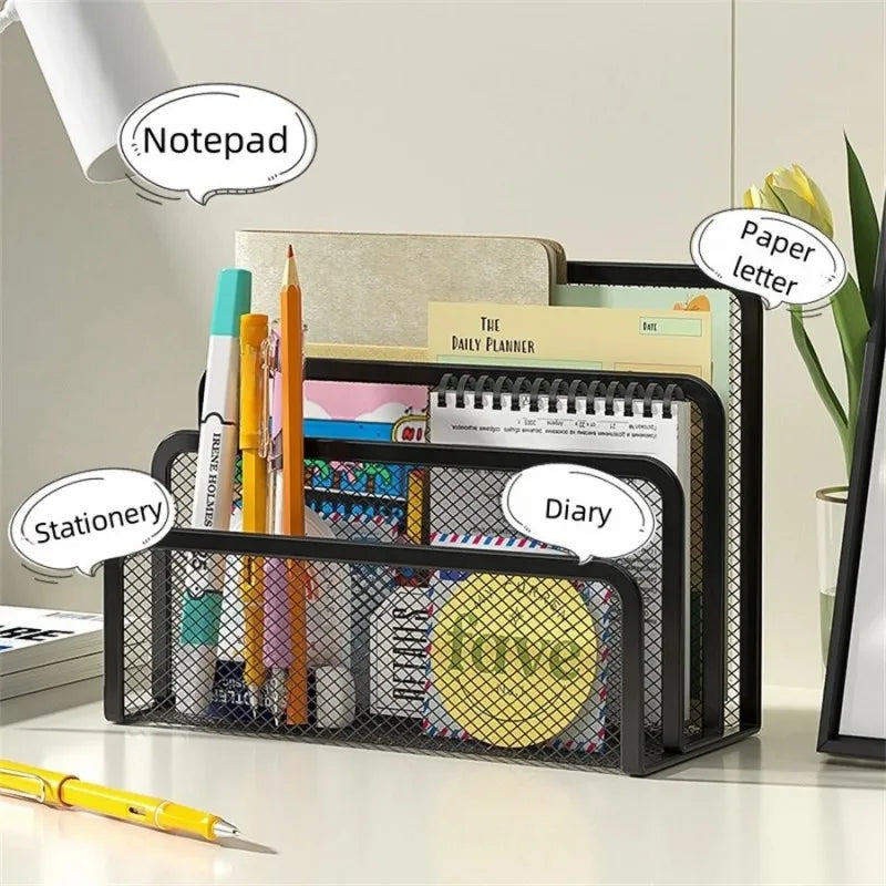 3-Layer Black Metal Mesh Notebook Stand Rack Desk Organizer for Papers Magazines Documents Books - Office Supplies
