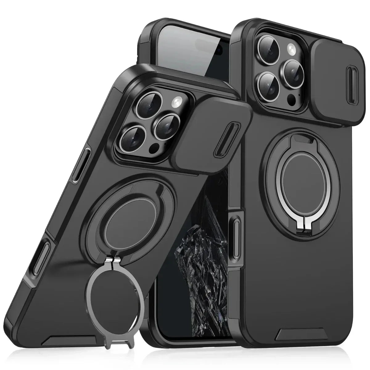 Armor Magnetic Bracket Case for iPhone 16e 16 14 13 12 11 15 Pro Max Plus With Lanyard Slide Camera Protection Shockproof Cover