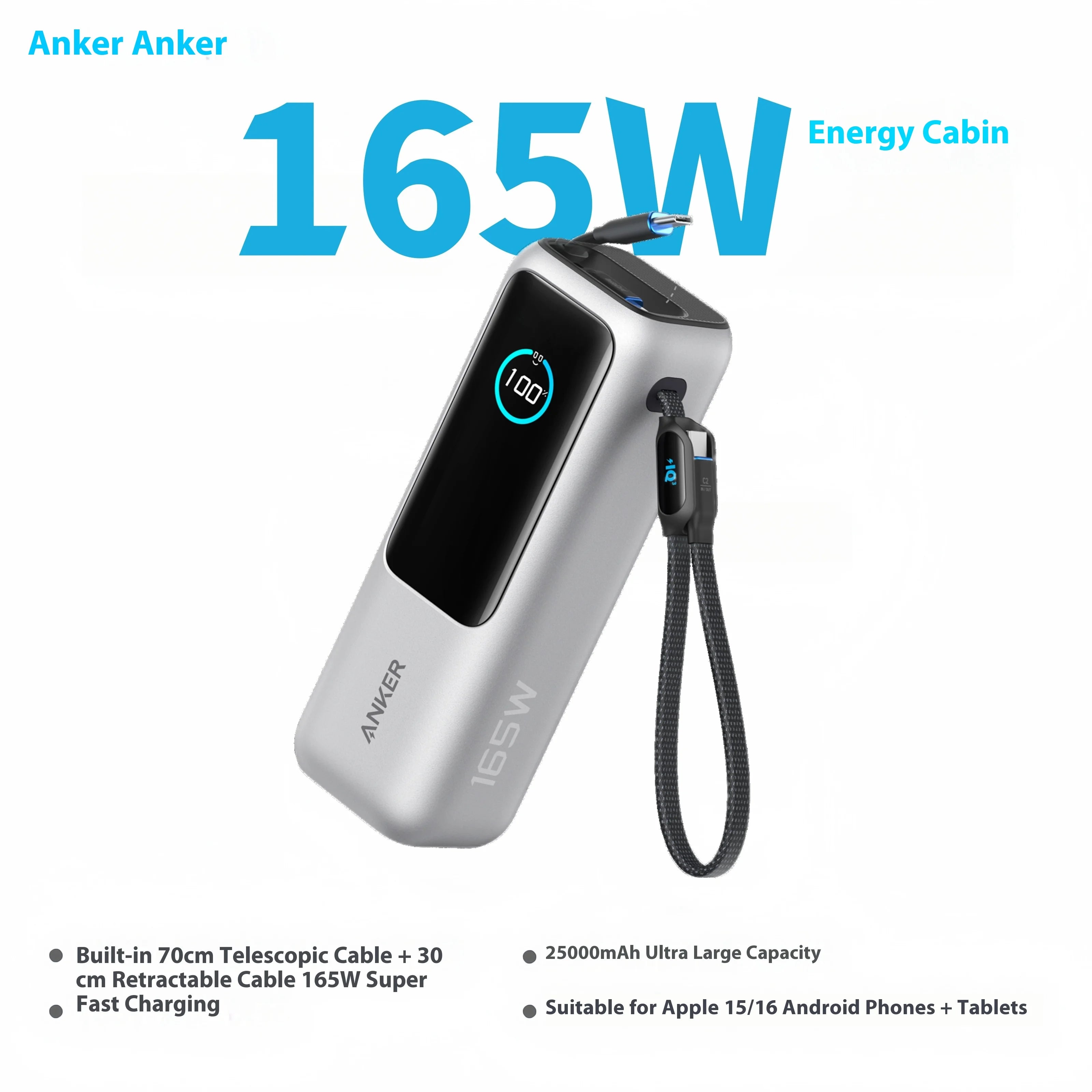 NEW Anker 165W Max Power Bank 25000mAh High Capacity Retractable Cables Fast Charge Mobile Phone Power Bank Gift Lightweight PC