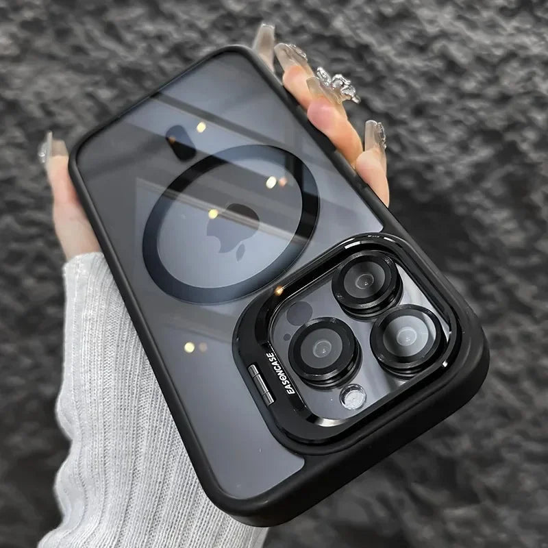Luxury Magnetic Shockproof Phone Case for iPhone 16/15/14/13/12/11/17 Pro Max with Stand and Glass Lens Case