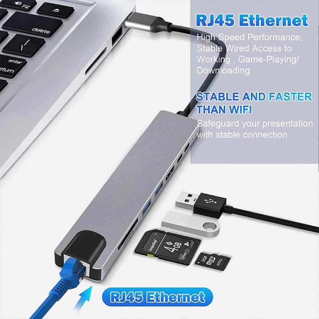 8 in 1 USB C Hub Type C to 4K HDTV Adapter for Gaming with RJ45 SD/TF Card Reader and Fast Charger for MacBook Notebook Windows Laptop Computer