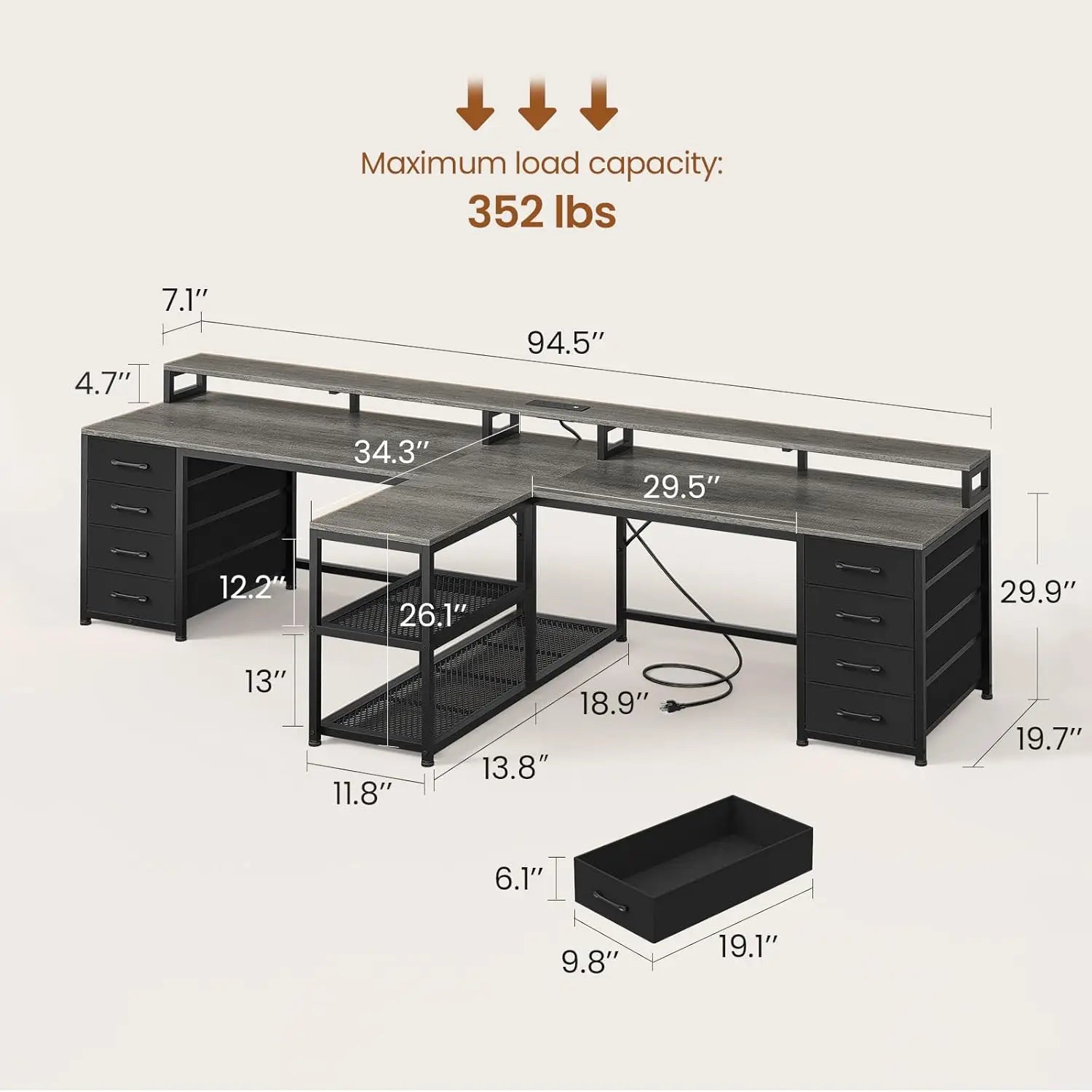 94.5in Double Gaming Desk 8 Drawer LED Storage Power Strip Monitor Stand Home Office , Custom