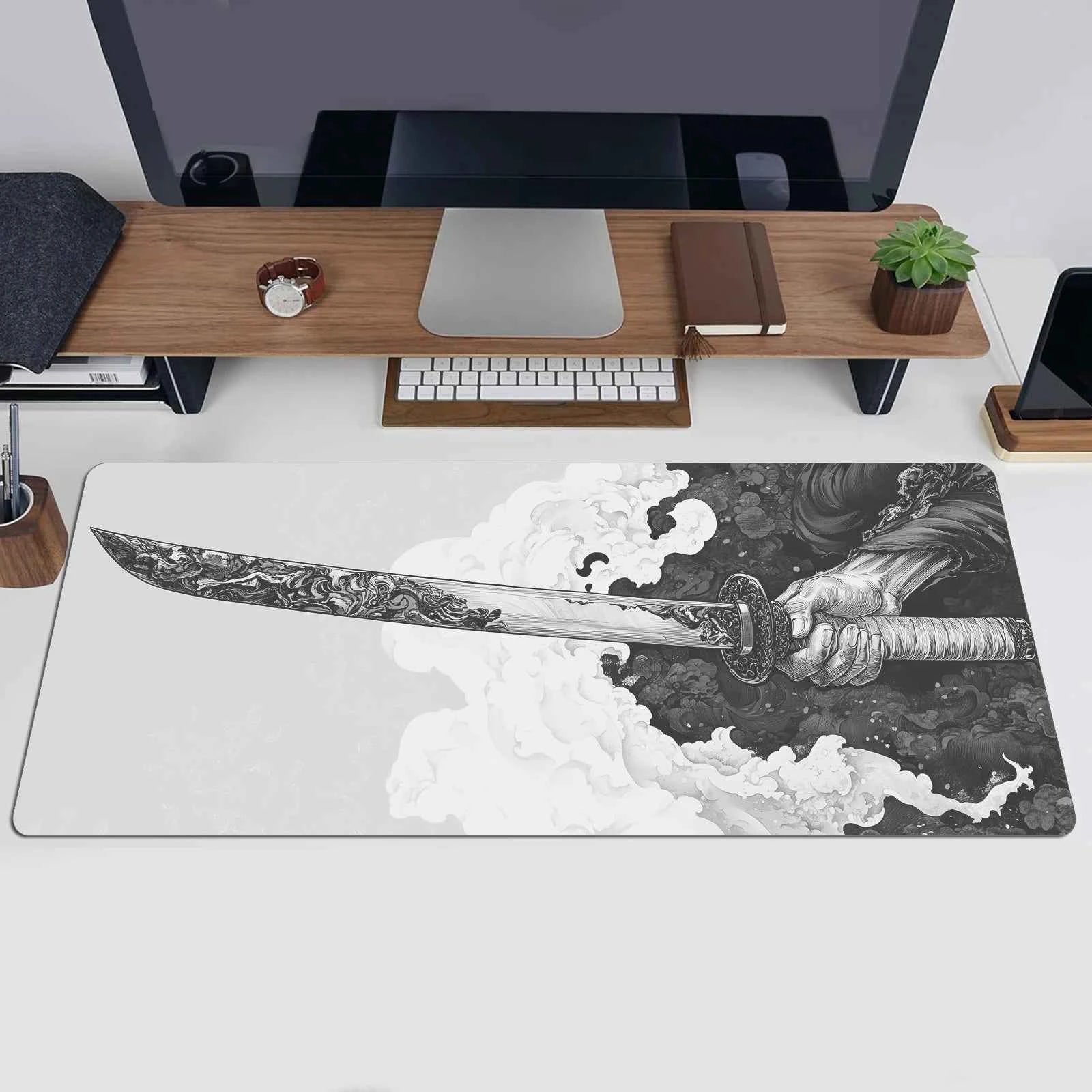 Black And White Comic Wind Sword Model Keyboard Mouse Pad Desk Mat, 3D Gaming Mouse Pad with Non-Slip Rubber Base Stitched Edges