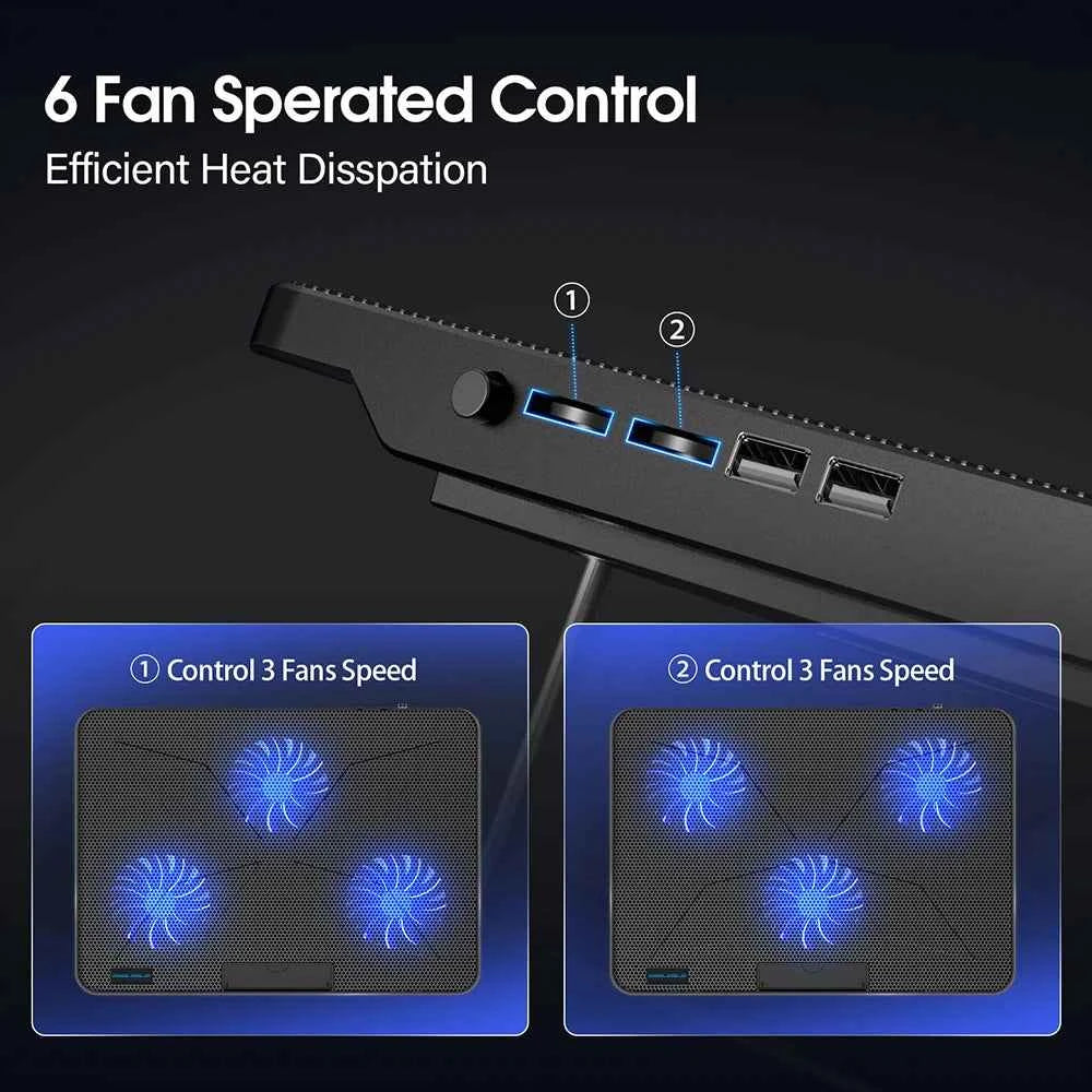 Coolcold 15.6-17.3inch Laptop Cooling Pad with 6 Quiet Fans,7 Height Wind Speed Adjustable, Laptop Cooer With Mobile Phone holder