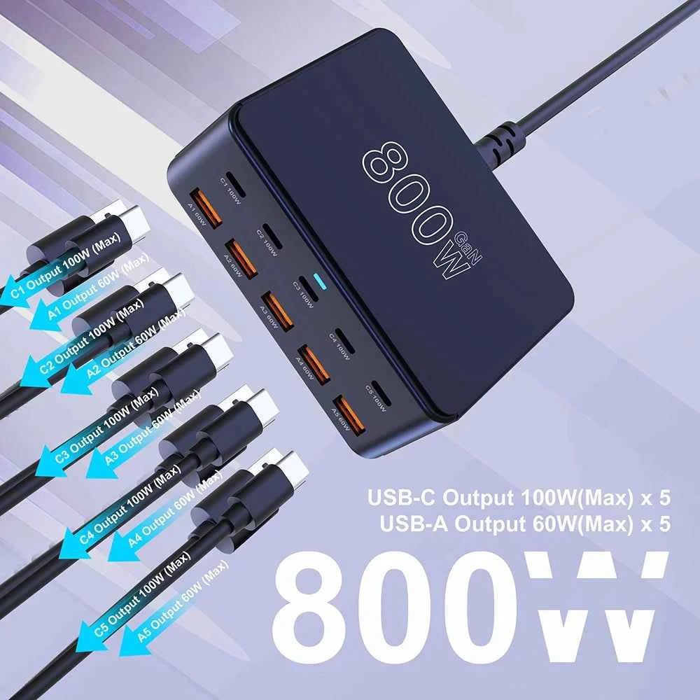 800W USB C GaN Charger 100W PD3.0 PPS QC3.0 Multiport Fast Charging Station for iPhone 15 16 Samsung Macbook Pro Laptops Tablets
