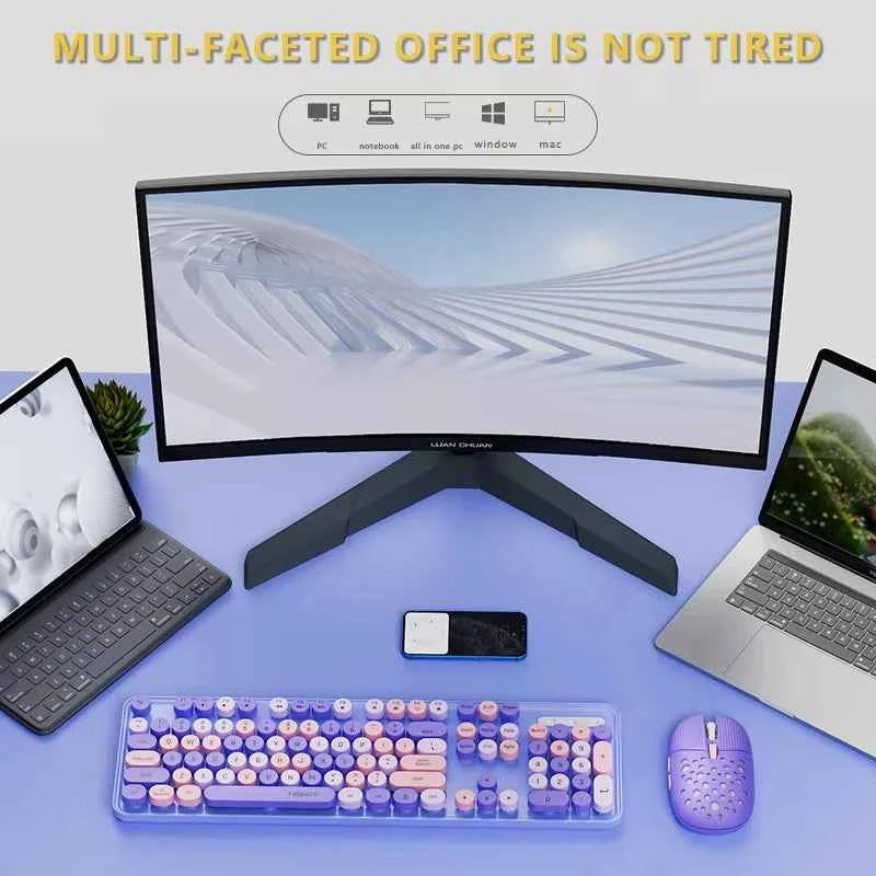 104 Keys 2.4G Wireless Gaming Keyboard and Mouse Combo,Cute Retro Round Keycap Ergonomic Keyboard,With Multimedia function keys
