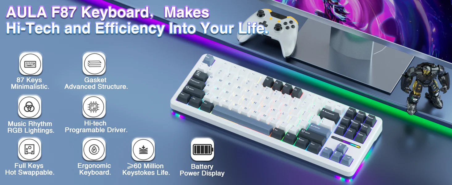 AULA F87 Wireless Keyboard 87 Keys Compact TKL 3 Modes Gasket Gaming Keyboard Hot-Swap RGB Custom RGB Backlit Bluetooth Keyboard
