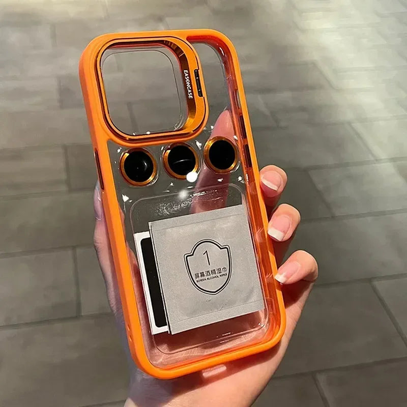 Lens Metal Ring Protector Stand Case For iPhone 15 16 14 13 12 11 Pro Max 16 Plus Camera Glass Protection Transparent Back Cover