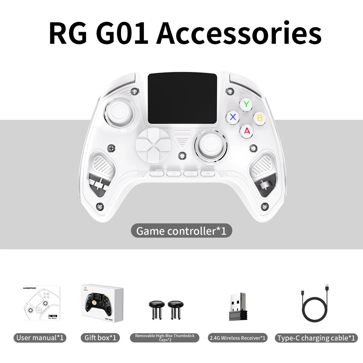 Anbernic RG G01 Interactive Screen Wireless Gaming Controller Compatible with PC/Steam/Linux/Android/Switch/IOS 2.4G Wireless Bluetooth Controller Gamepad Hall Effect Triggers