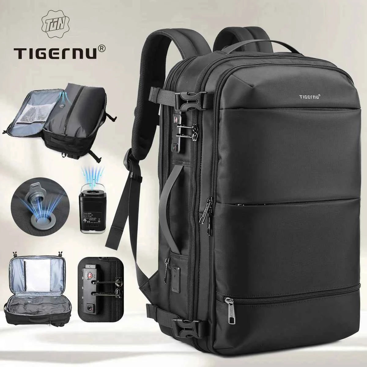 Tigernu Vacuum Compression Backpack Men Women Expandable Travel Backpacks Luggage With USB Large Capacity For 17 Laptop Back