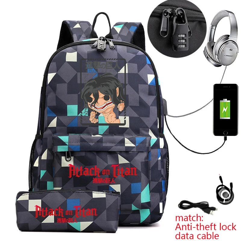 Attack on Titan Anime Print School Backpack Anti-Theft Laptop Bag for Boys Girls with Pencil Case