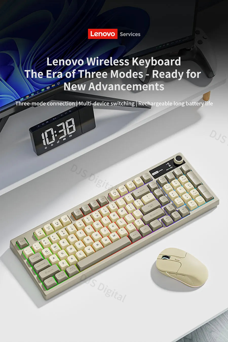 Lenovo K280 Tri-Mode Wireless Multi-Device Switching Keyboard Ergonomic Design Rgb Light Gaming Keyboard for Pc Laptop Desktop