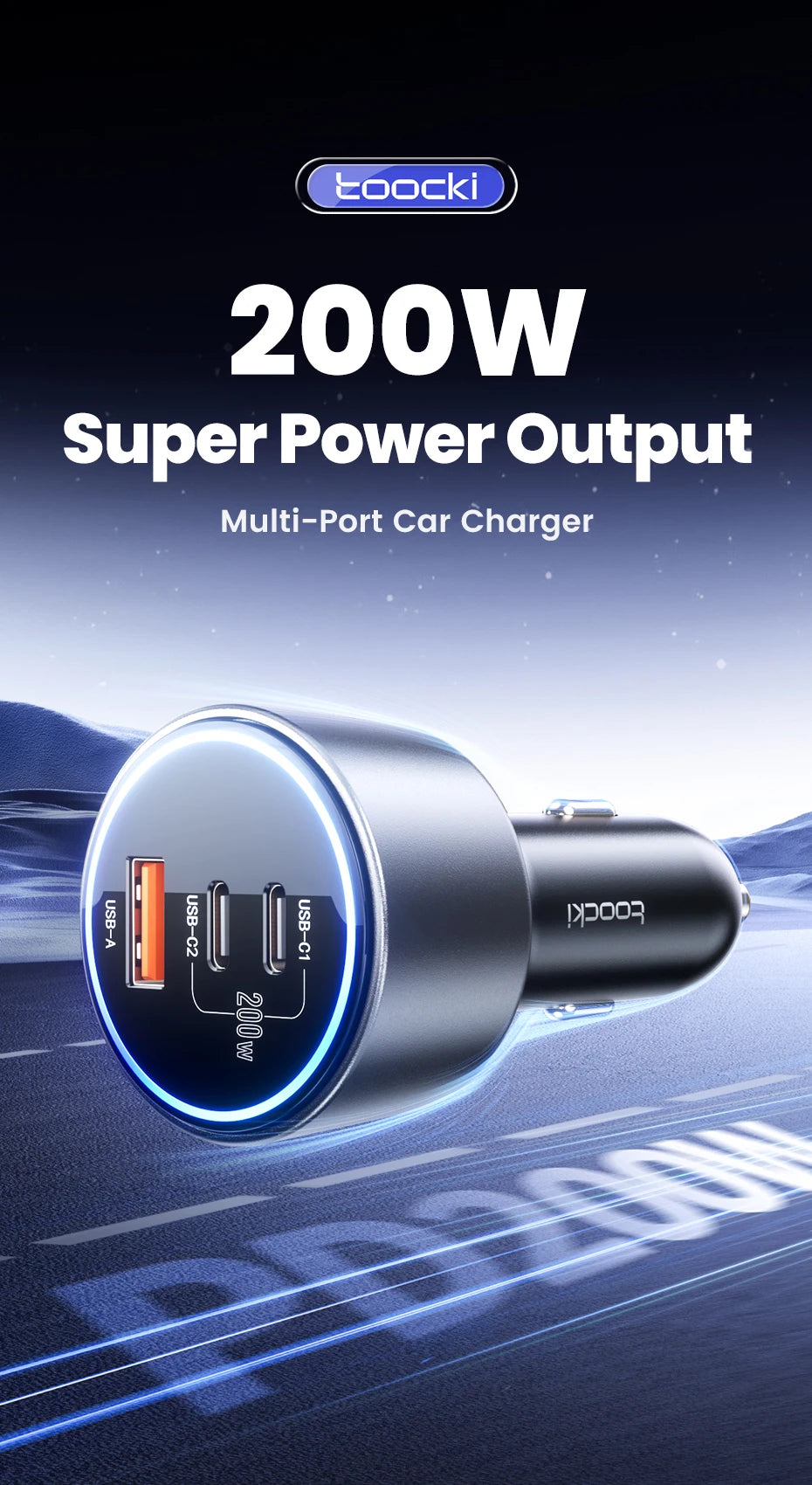 Toocki 200W Car Charger USB Type C QC 4.0 PPS 45W PD 100W Fast Charging USB C Car Phone Charger for iPhone 16 15 Samsung Macbook