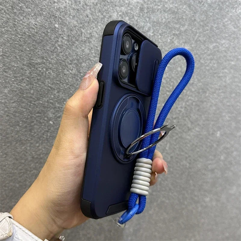 Armor Magnetic Bracket Case for iPhone 16e 16 14 13 12 11 15 Pro Max Plus With Lanyard Slide Camera Protection Shockproof Cover