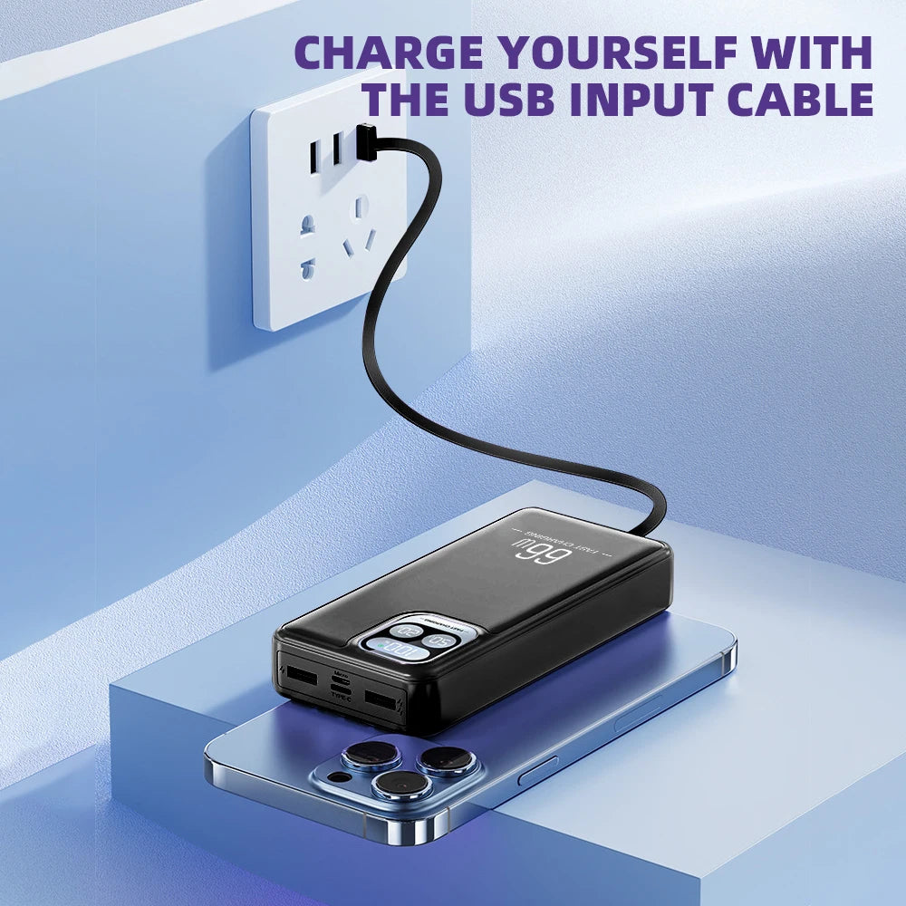 66W Fast Charging Power Bank Built-in 4 Cables LED Digital Display Portable PD20W External Battery Pack Polymer Safe Powerbank for iPhone Android Phones