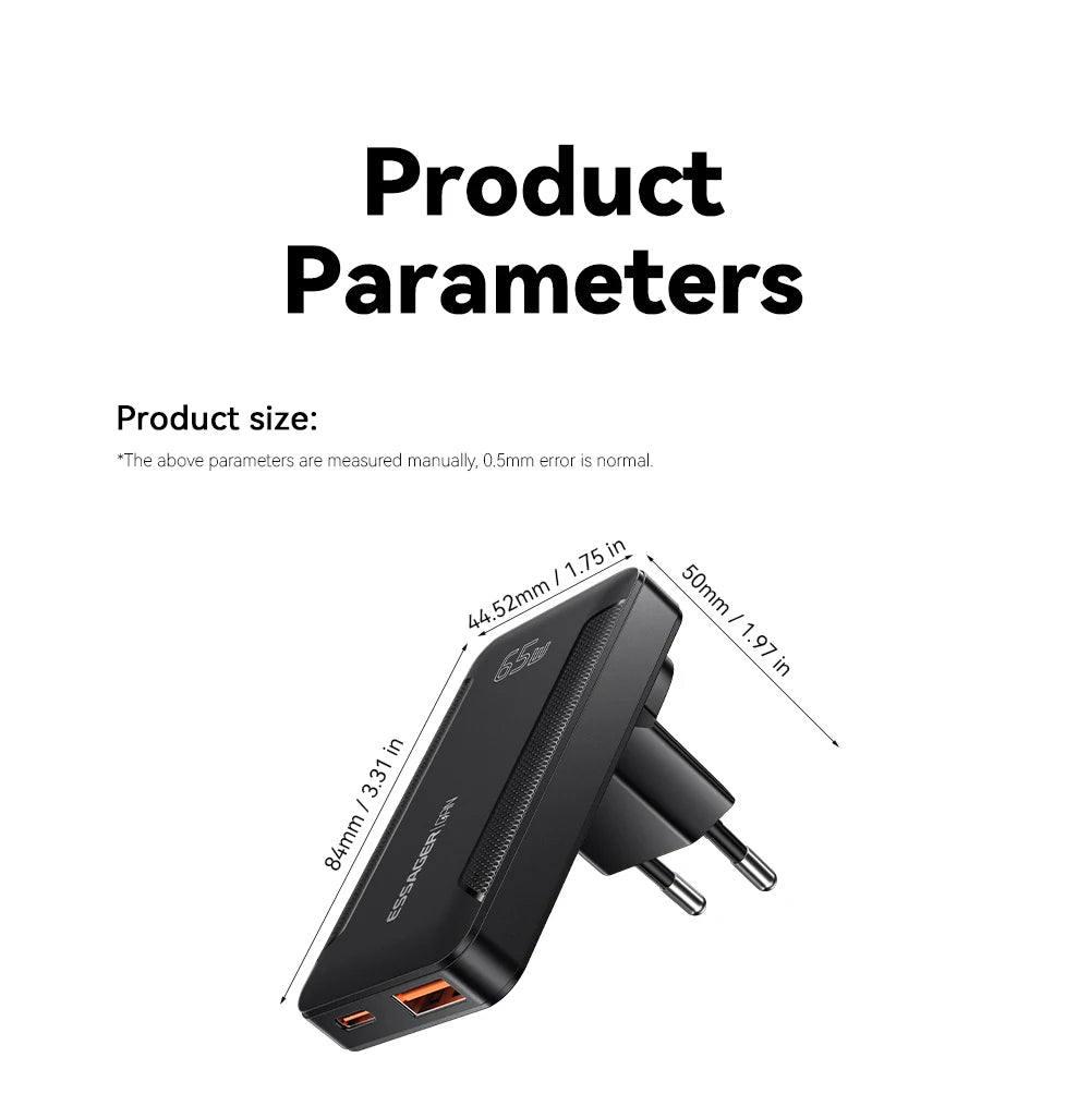 Essager Ultra Thin 65W GaN pro Travel Charger Quick Charge 4.0 PD3.0 Portable Type-C for iPhone 17 16 15Samsung MacBook Laptop