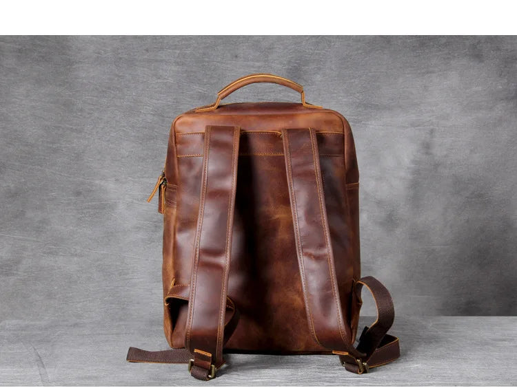 Vintage Crazy Horse Genuine Leather Backpack Men Bagpack Cowhide Hiking Backpack 17