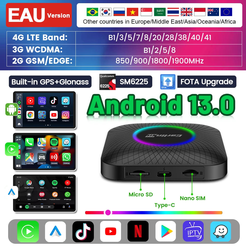Carlinkit Ai Box Android 13 Led Wireless Android Auto & CarPlay Smart Tv Box QCM6225 Support Youtube Netflix Car Accessories