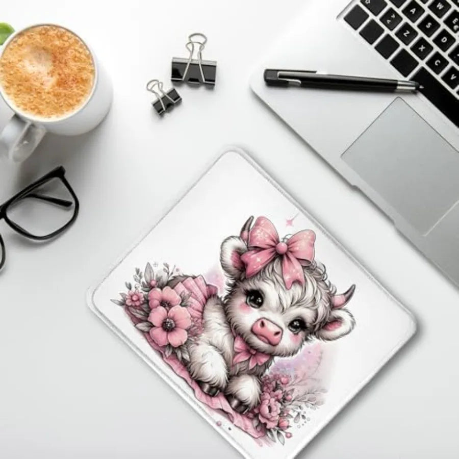 Pink Floral Highland Cow Mouse Pad, Coquette Pink Bow Highland Cow Heifer Mouse Pads Mousepad for Work Gaming Computers Laptop