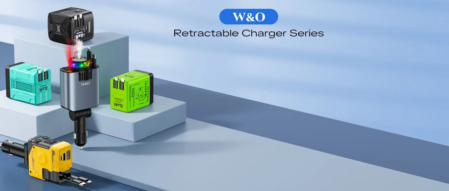 W & O 60W gan Fast Charger for iPhone, Retractable Phone Charger Wall Plug with Type‑C & Compatible Lightning Cables,for iPhone 17/16/15, Galaxy S25/24，Android Devices