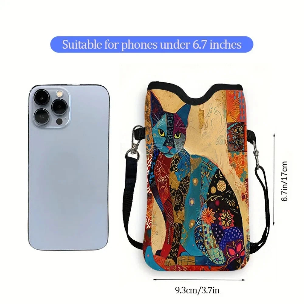 Women’s Black Cat Floral Print Mini Crossbody Phone Bag, Adjustable Strap Casual Canvas Shoulder Purse for Daily Use, Perfect for Carrying Phone, Cards, Keys and Lipstick, Cute and Practical Gift for Cat Lovers.