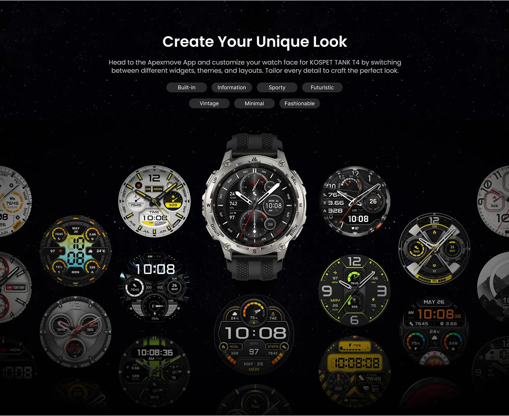 KOSPET Tank T4 Smart Watch for Men 6-Sat GPS Offline Maps 10ATM Waterproof Heart Rate Diving Skiing Hiking for Android iOS