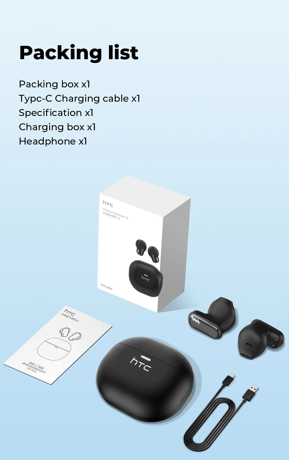 HTC NE16 AI Earphones Bluetooth V6 TWS Sports Wireless Headphones with Mic Noise Reduction HD Call AI Translator Earbuds Mini