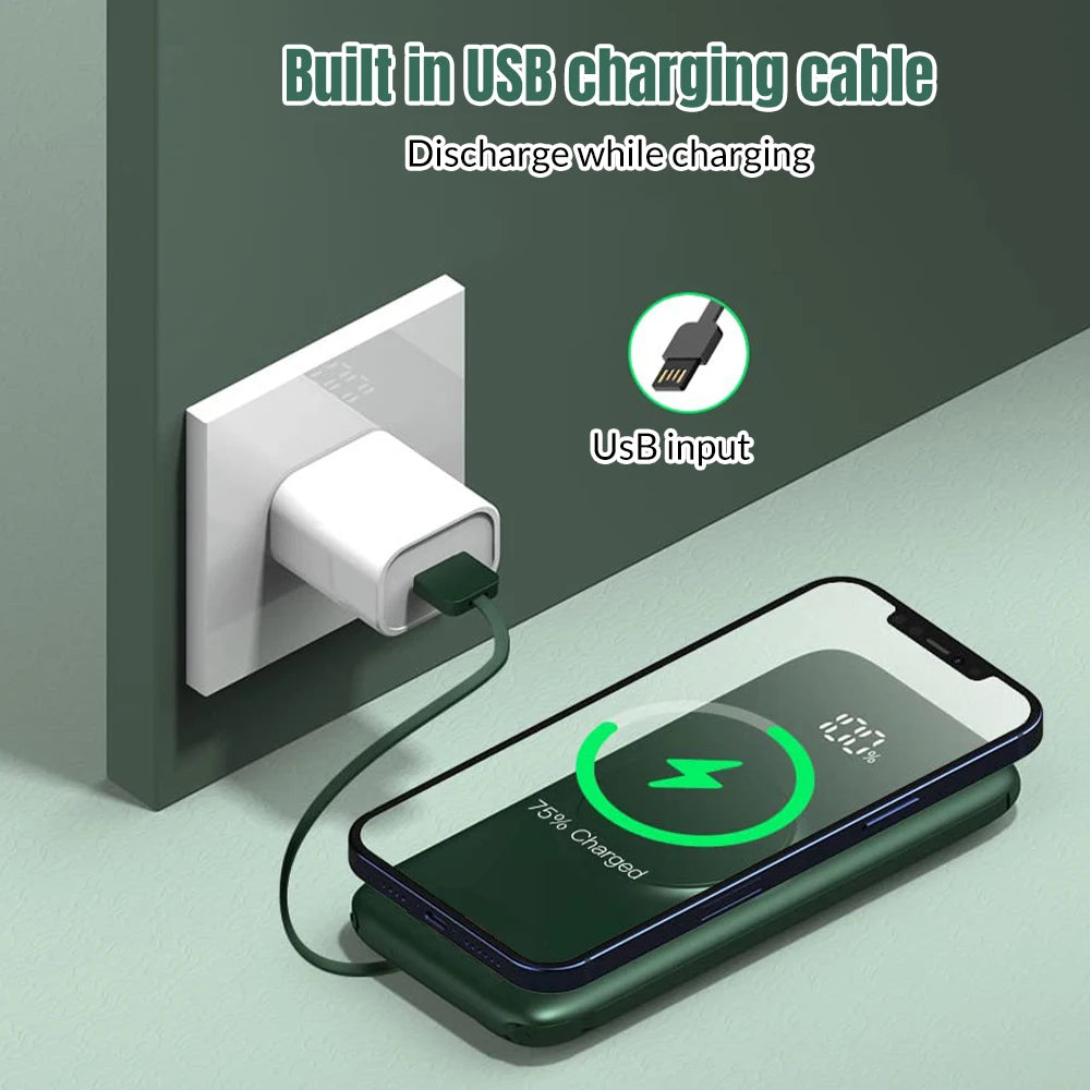 Built-in 4 Cables Wireless Power Bank 22.5W Fast Charging 15W Qi Wireless Portable External Battery Pack Digital LED Display Multi-Device Simultaneous Charging Pocket Size Powerbank For iPhone Samsung Android Phone Travel Out