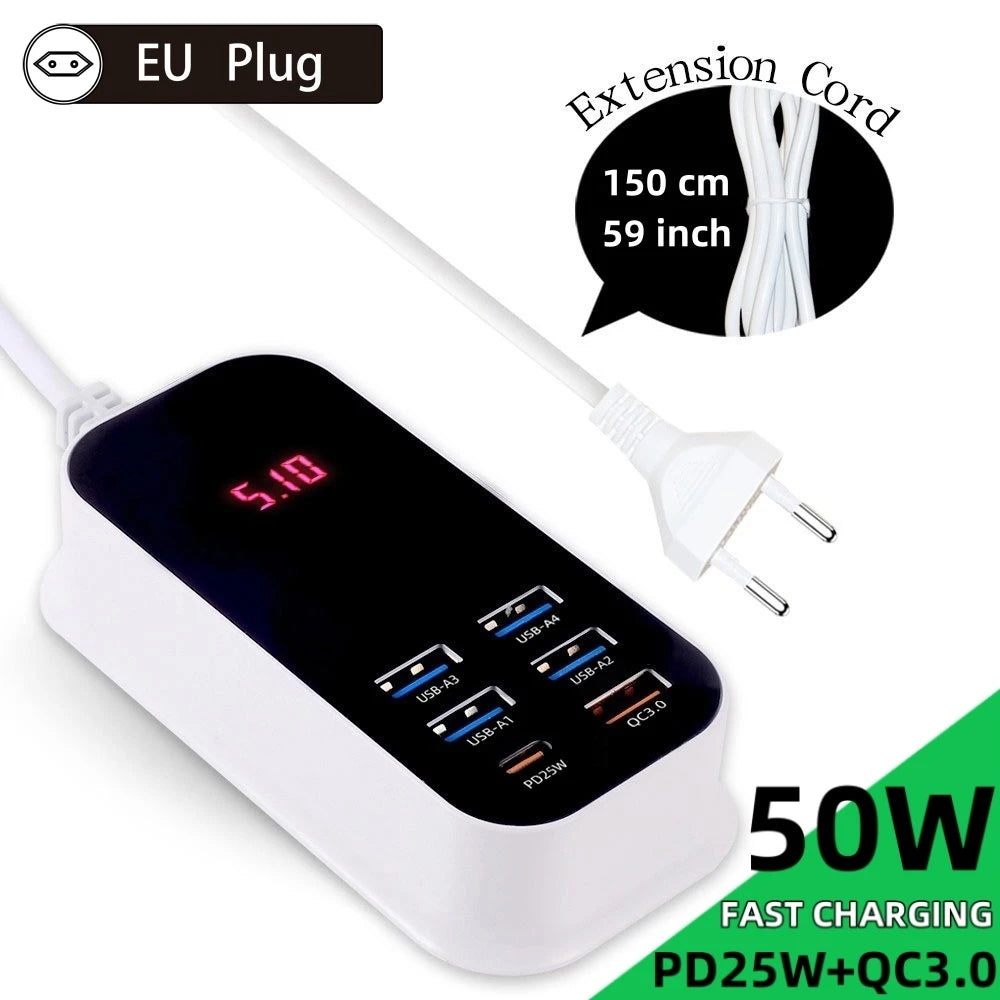 Real 50W 6-Port USB Type C PD QC3.0 Charger Phone Fast Charging LED Extension Cord Power Adapter Desktop Wall for iPhone Samsung