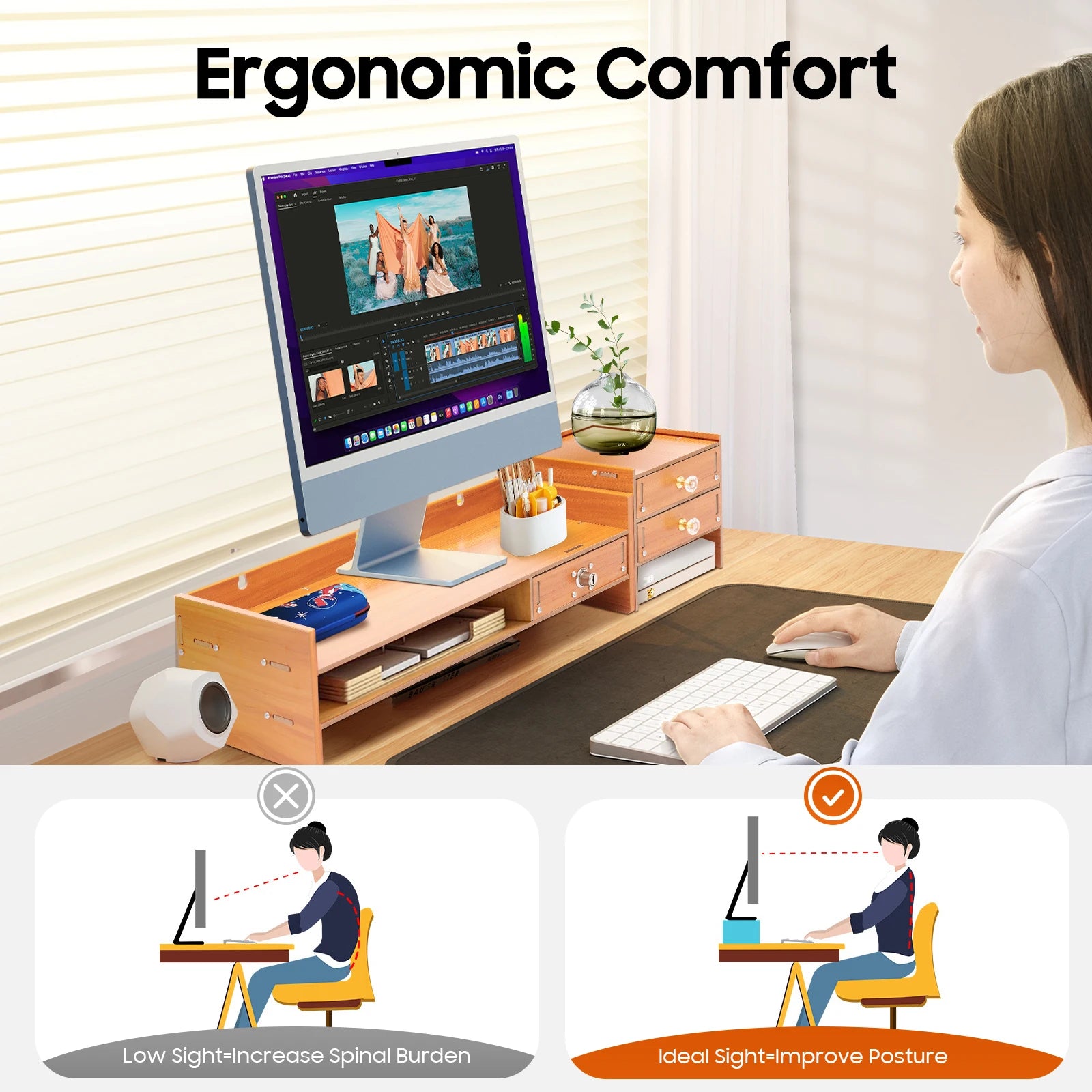 3 Drawers Computer Storage Rack Computer Monitor Stand Office Desktop Organizer Cabinet 2* Keys for Study, Office, Living Room