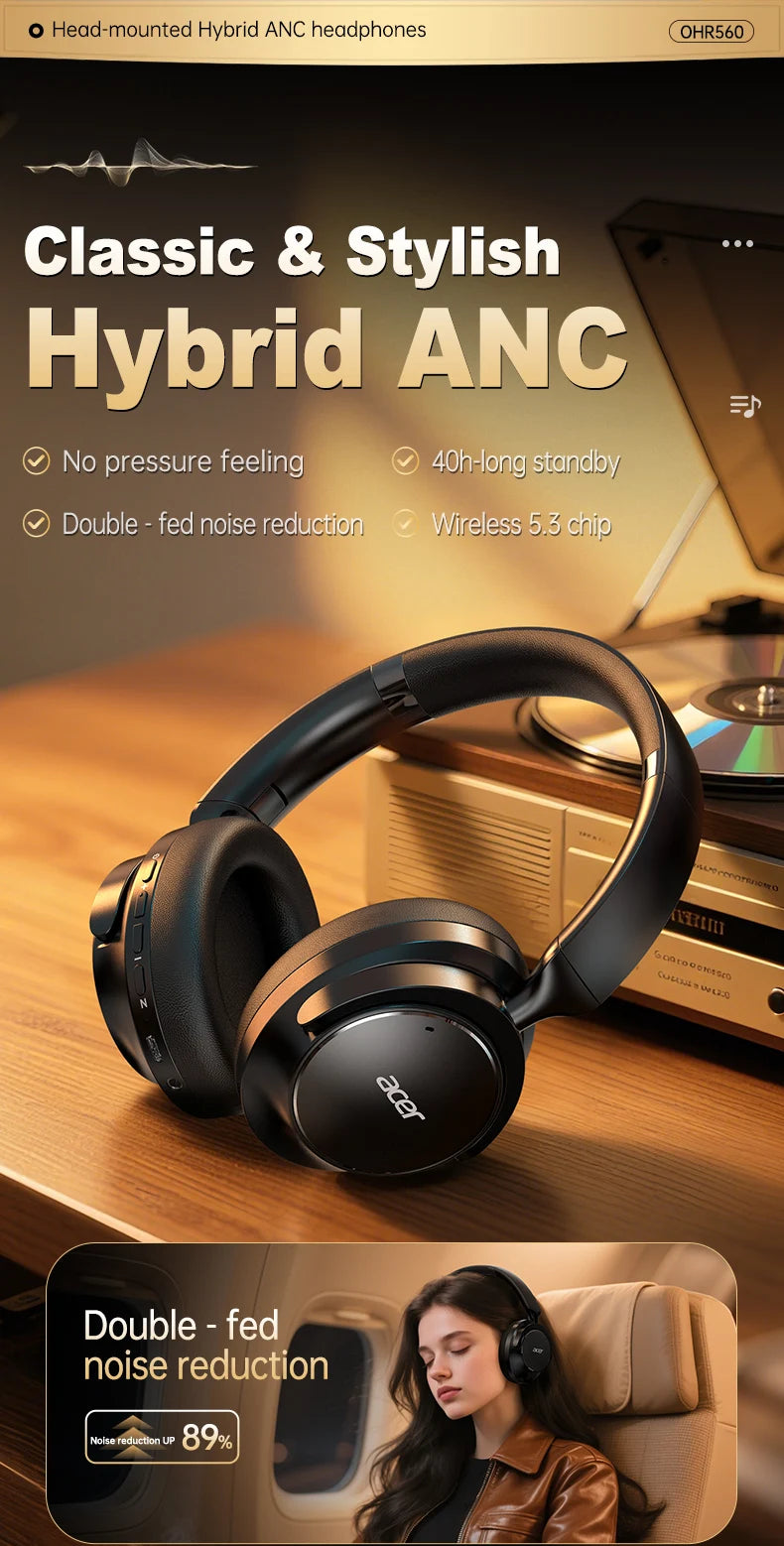 Acer Ohr560 Wireless Bluetooth Headset, Full-Ear Foldable Headphones with Built-In Microphone, Stereo Sound, Active Noise Reduction, Compatible with 3.5mm Audio Cable, Suitable for Work, Travel, and Gaming