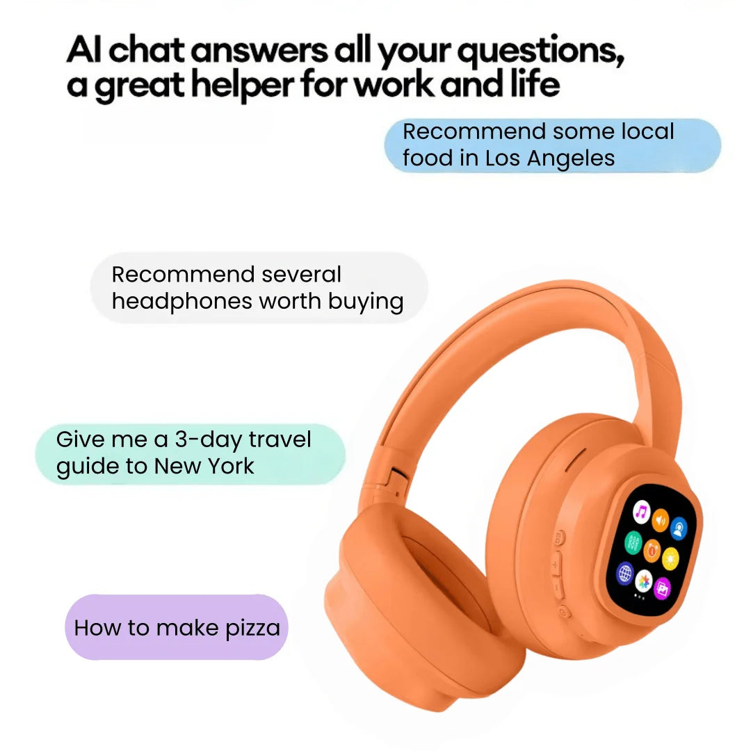 AI Translation Wireless Headphones, Magnetic LCD Touch Screen, Foldable Retractable Design, Real-time 115 Languages Translation, BT6.0, Multi-functions for Photo, Flashlight, Alarm & Voice Recording, AUX Wired Supported