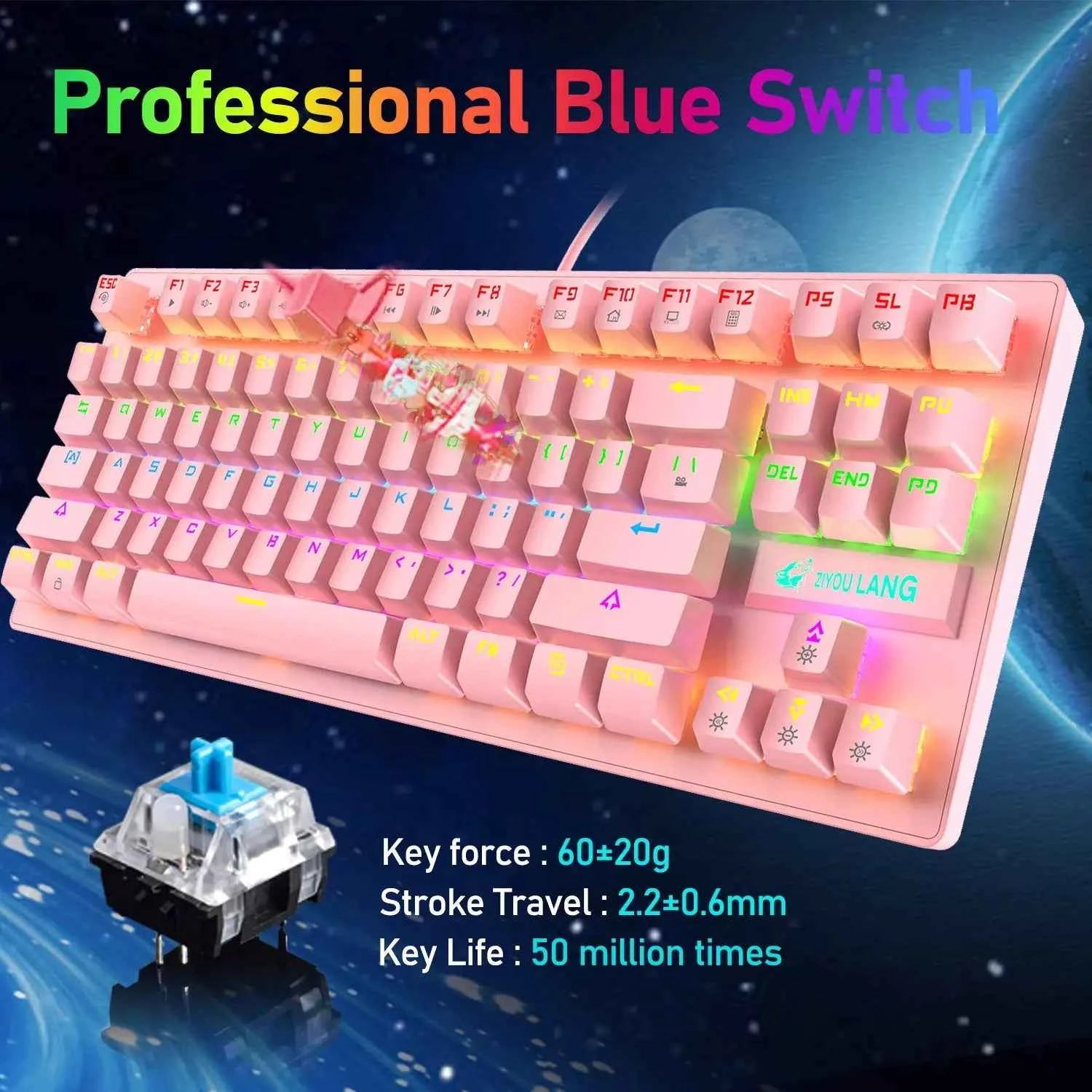 K2 Wired Mechanical Gaming Keyboard 82 Keys Rainbow Backlit Blue Switch Keyboard&Lightweight Gaming Honeycomb Mouse 6400DPI