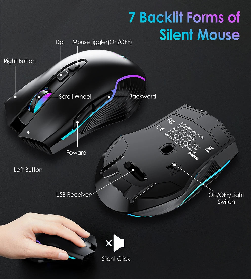Ergonomic 2.4G Wireless Rechargeable Keyboard Mouse Set for Laptop With Color Backlit Phone Holder Wrist Rest and Jiggler Mouse