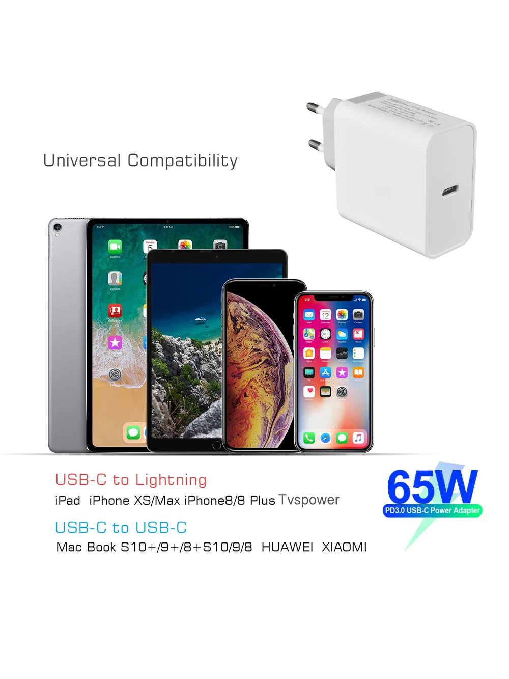 65W 20V 3.25A USB Type C PD Charger USB C Power Laptop Adapter for Macbook Pro ASUS Huawei Lenovo Matebook HP DELL XPS Notebooks