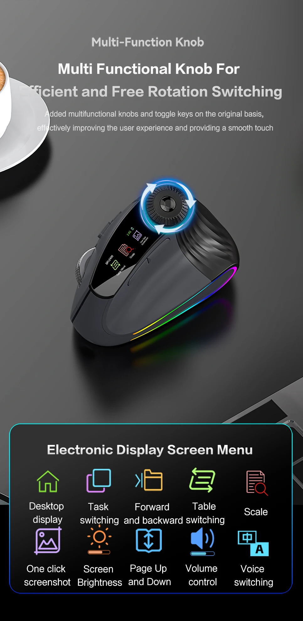 JOMAA Backlit Bluetooth Wireless Vertical Mouse With OLED Screen Rechargeable USB Wired Gaming Mouse 24000DPI Speed Roller
