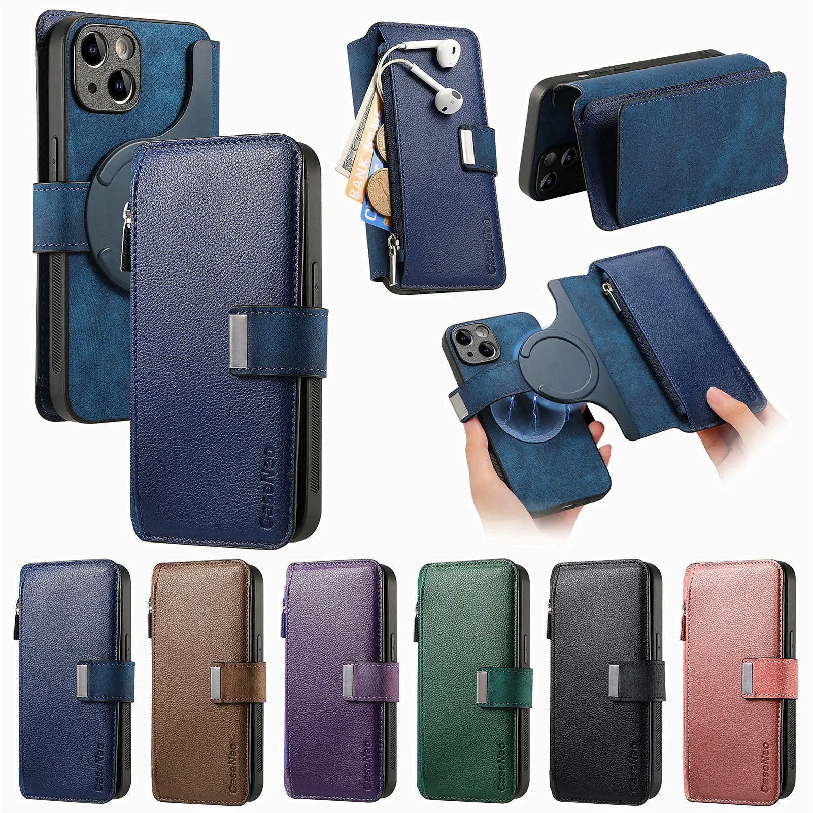 For iPhone 15 14 13 12 11 XS Max XR 8 7 6 Plus Wallet Case, Zipper Storage Design, Detachable Magnetic Flip Folio Cover