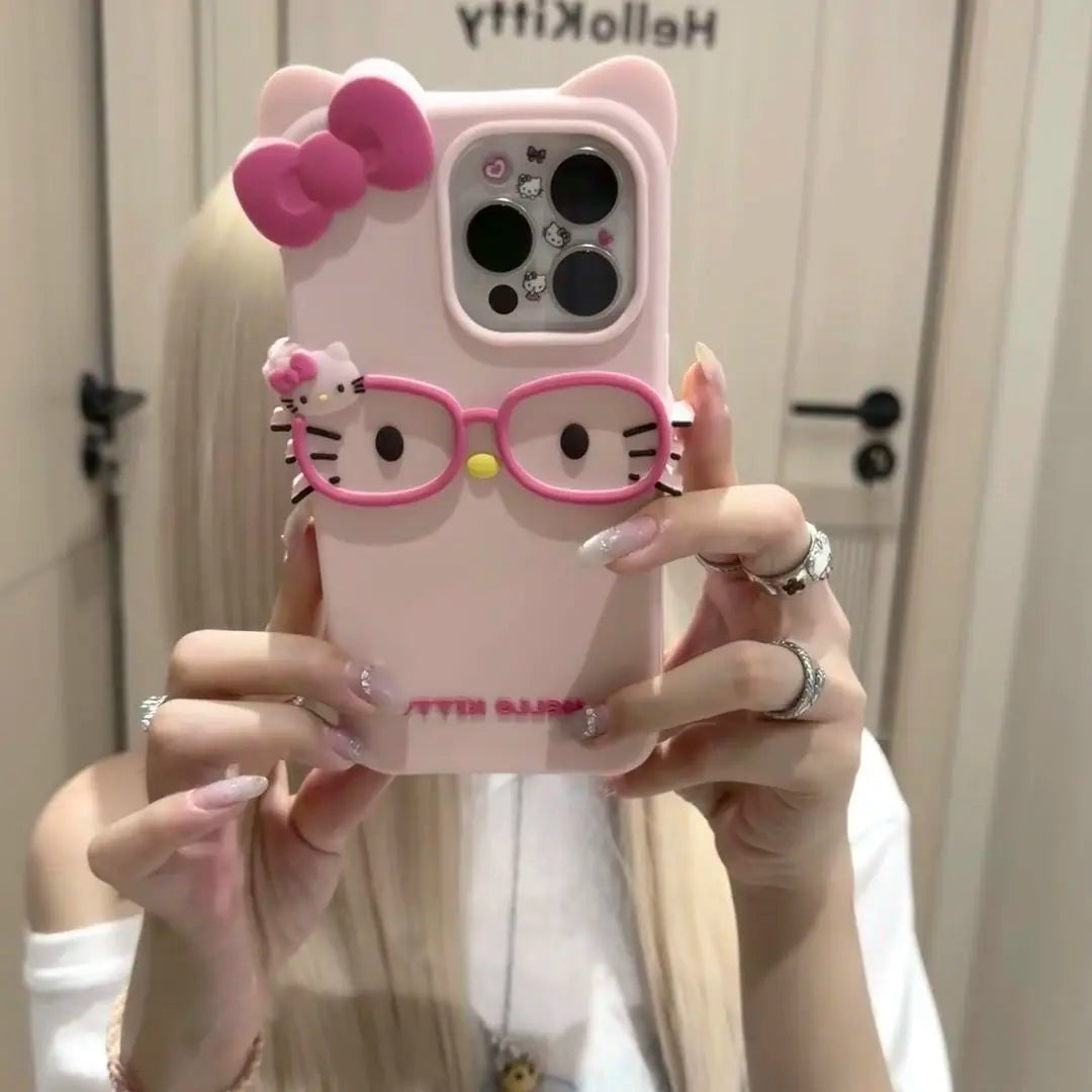 Sanrio 3D Cartoon Glasses Hello Kitty Phone Case For iPhone 17 Promax 16 15 14 13 12 Pro Max 11 So Cute Y2K Soft Silicone Cover