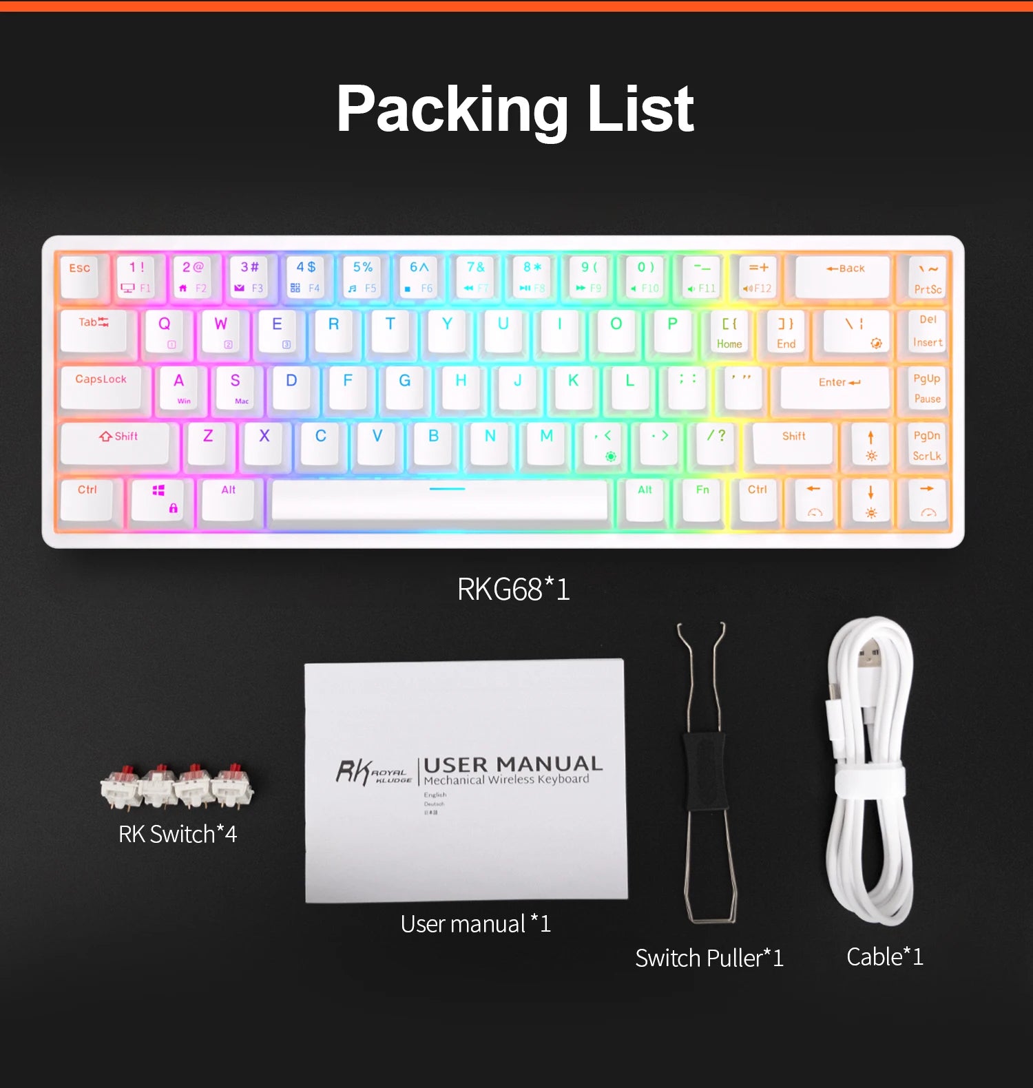 RK Royal Kludge RK837 Mechancial Keyboard 68 Keys 65% Compact 2.4G Wireless Bluetooth Gamer Keyboard RGB Backlight Hot Swappable