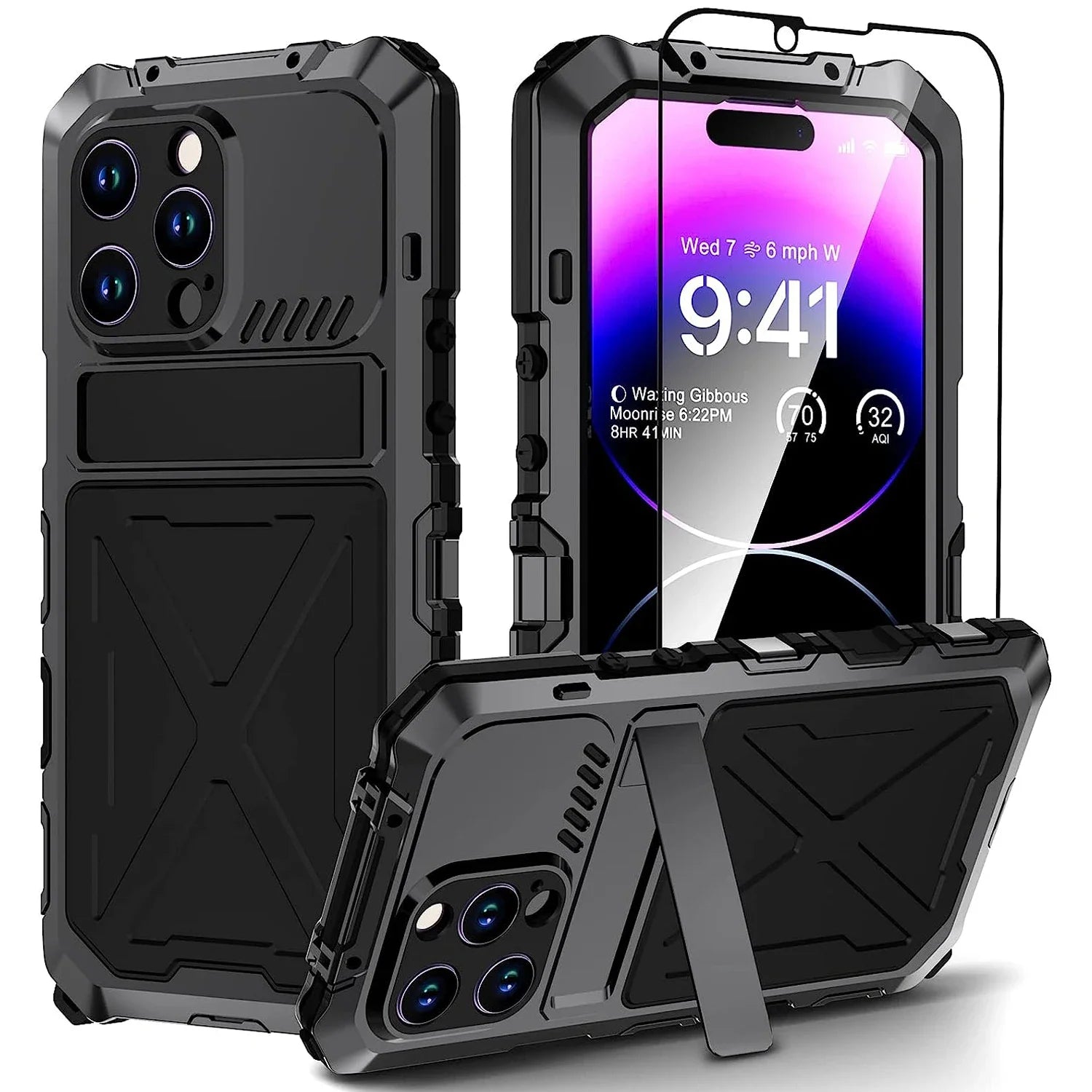 for iPhone 15 14 Pro Max Case Metal Military-Grade Built-in Kickstand & 9H Screen Protector Protective Rugged Heavy Duty Case