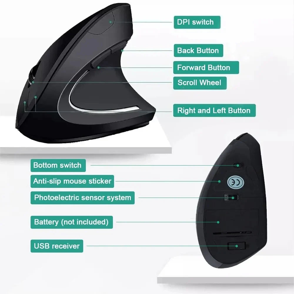 Vertical Mouse Ergonomic 2.4GHz Wireless Optical Mice 3 Adjustable DPI 800/1200/1600