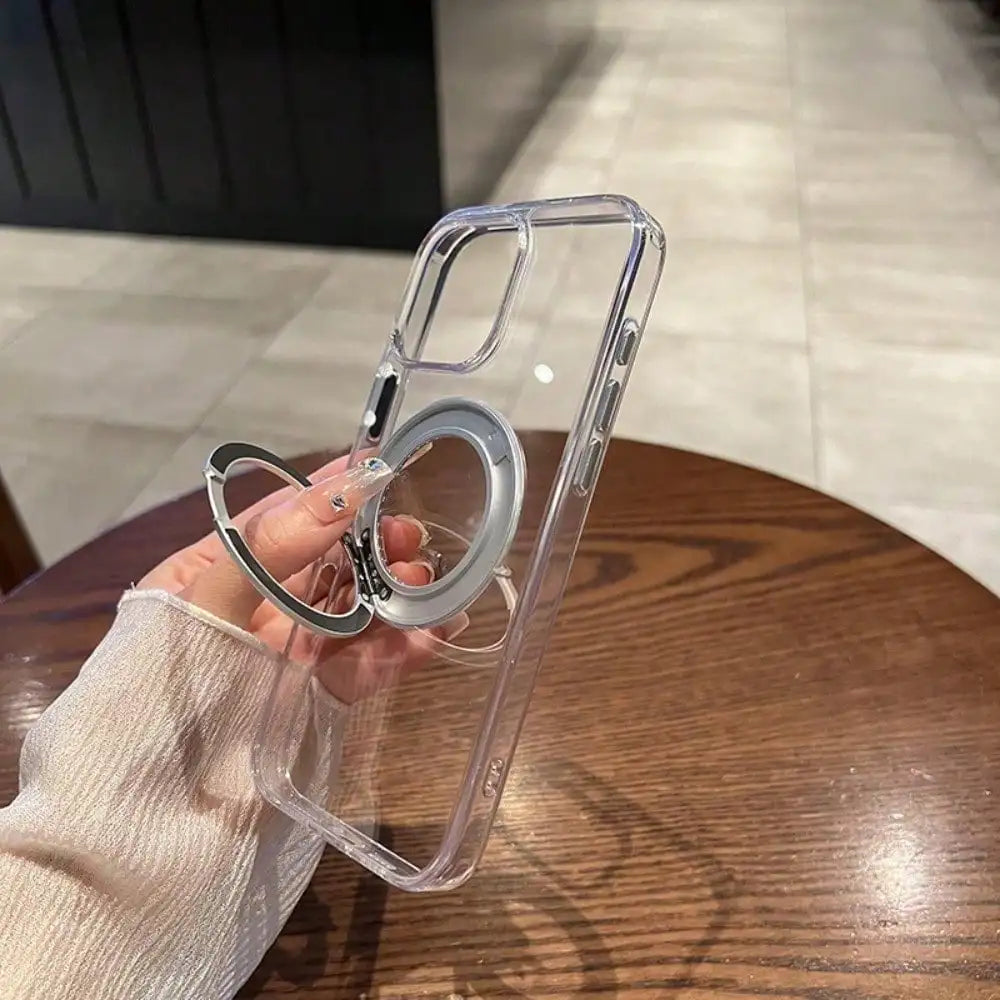 360 ° Rotating Metal Bracket Transparent Magnetic Phone Case, Suitable for IPhone 17 16 15 14 13, All Inclusive Soft Anti Fall