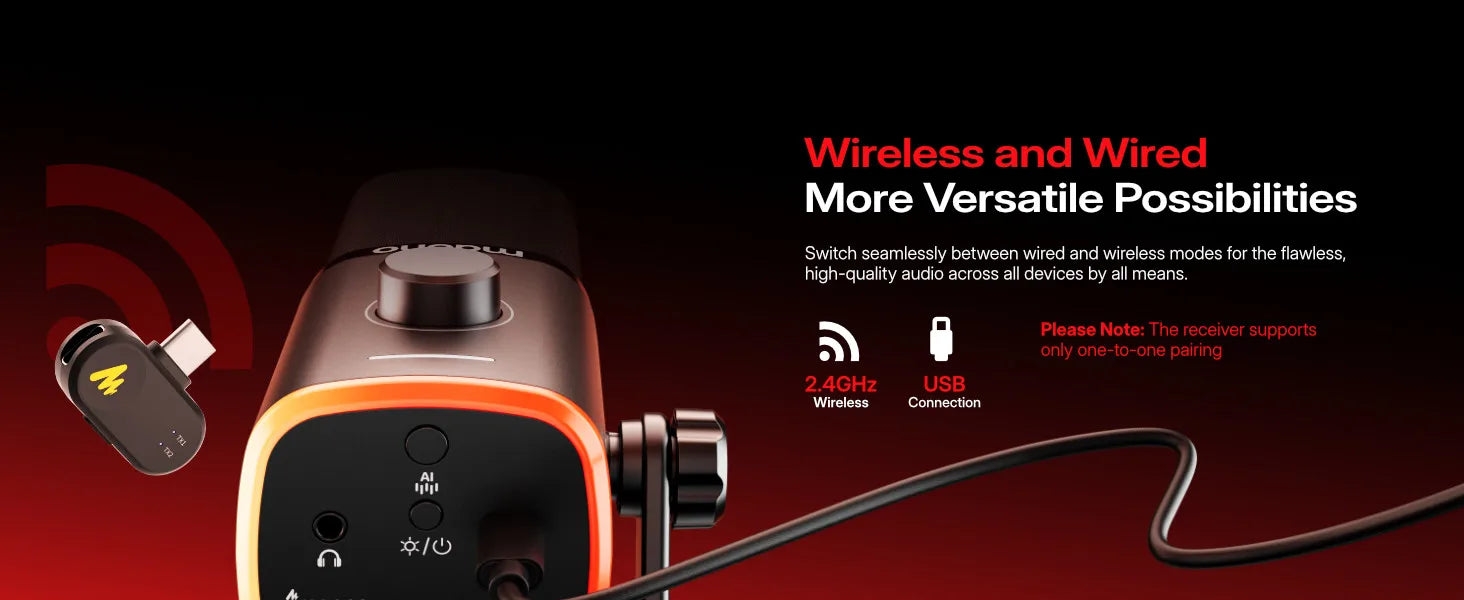 MAONO PD100W Wireless Dynamic Microphone Cardioid Dynamic Mic 50m Range One-Touch Noise Reduction RGB for Gaming Live Streaming